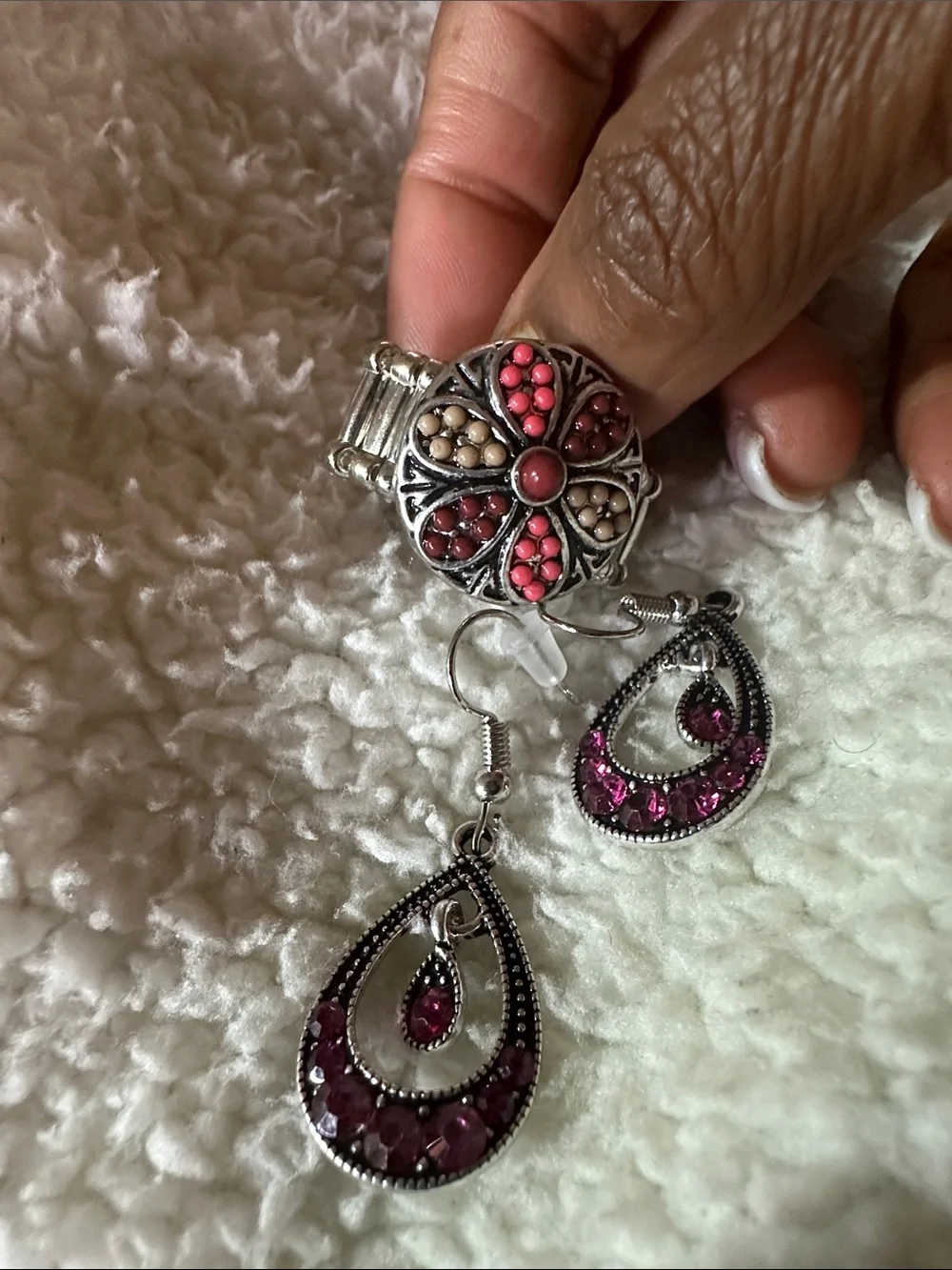 3 piece Boho Silver-Tone Teardrop Earrings with Pink Stones